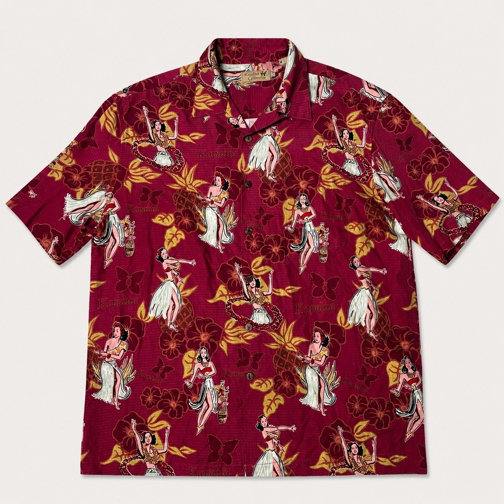 Kapalua Collection Hawaiian Shirt Mens 2XL Red Silk Hula Girl Aloha Camp USA